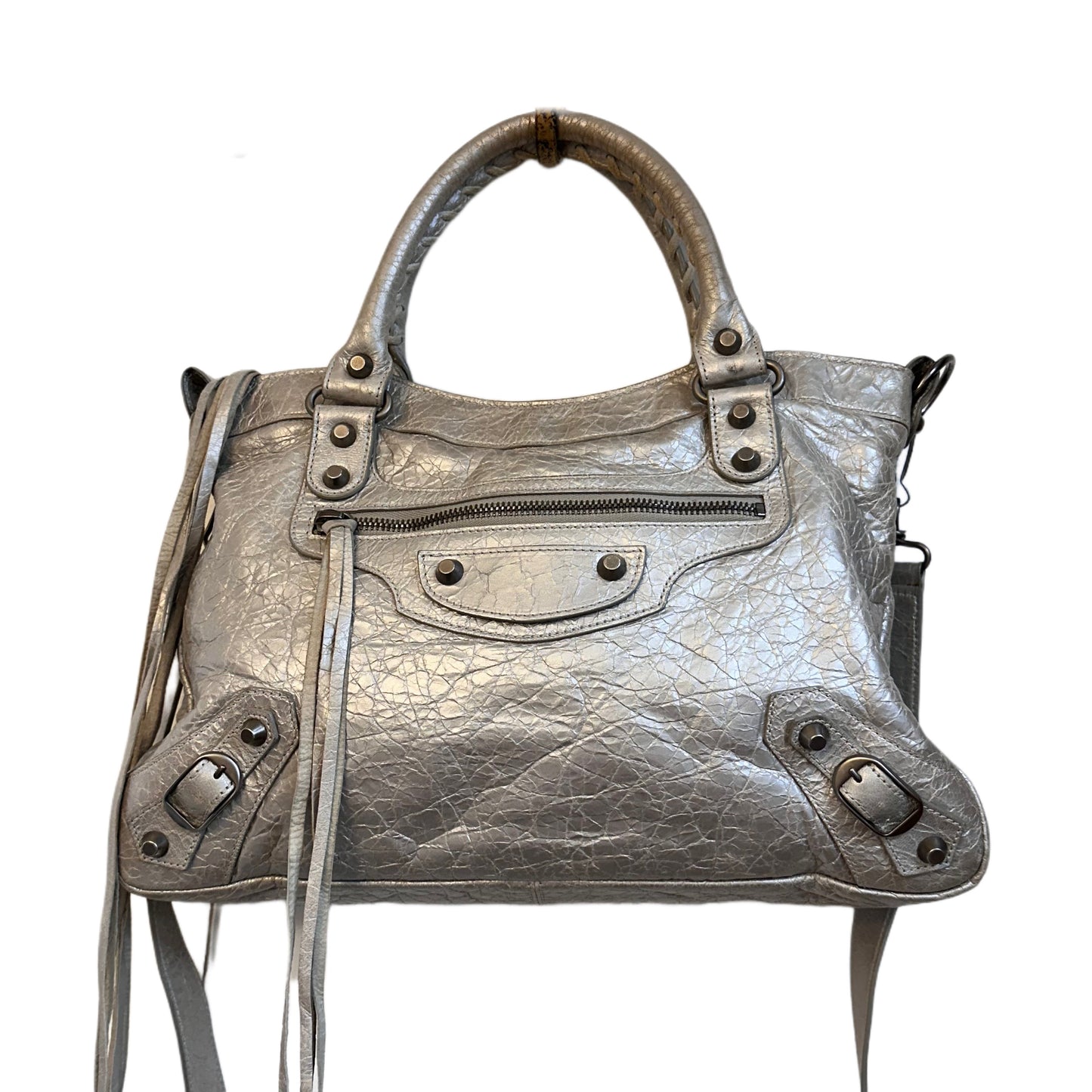 BALENCIAGA Silver Leather Small Moto Bag