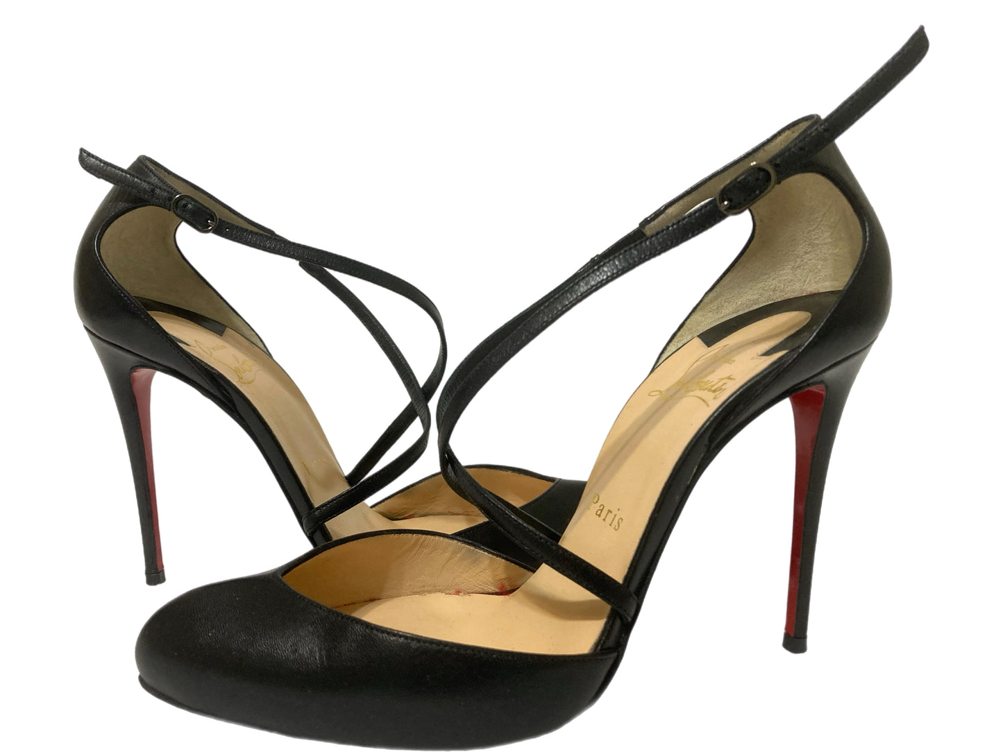 CHRISTIAN LOUBOUTIN Leather Cross Breache Pumps Black Size 38