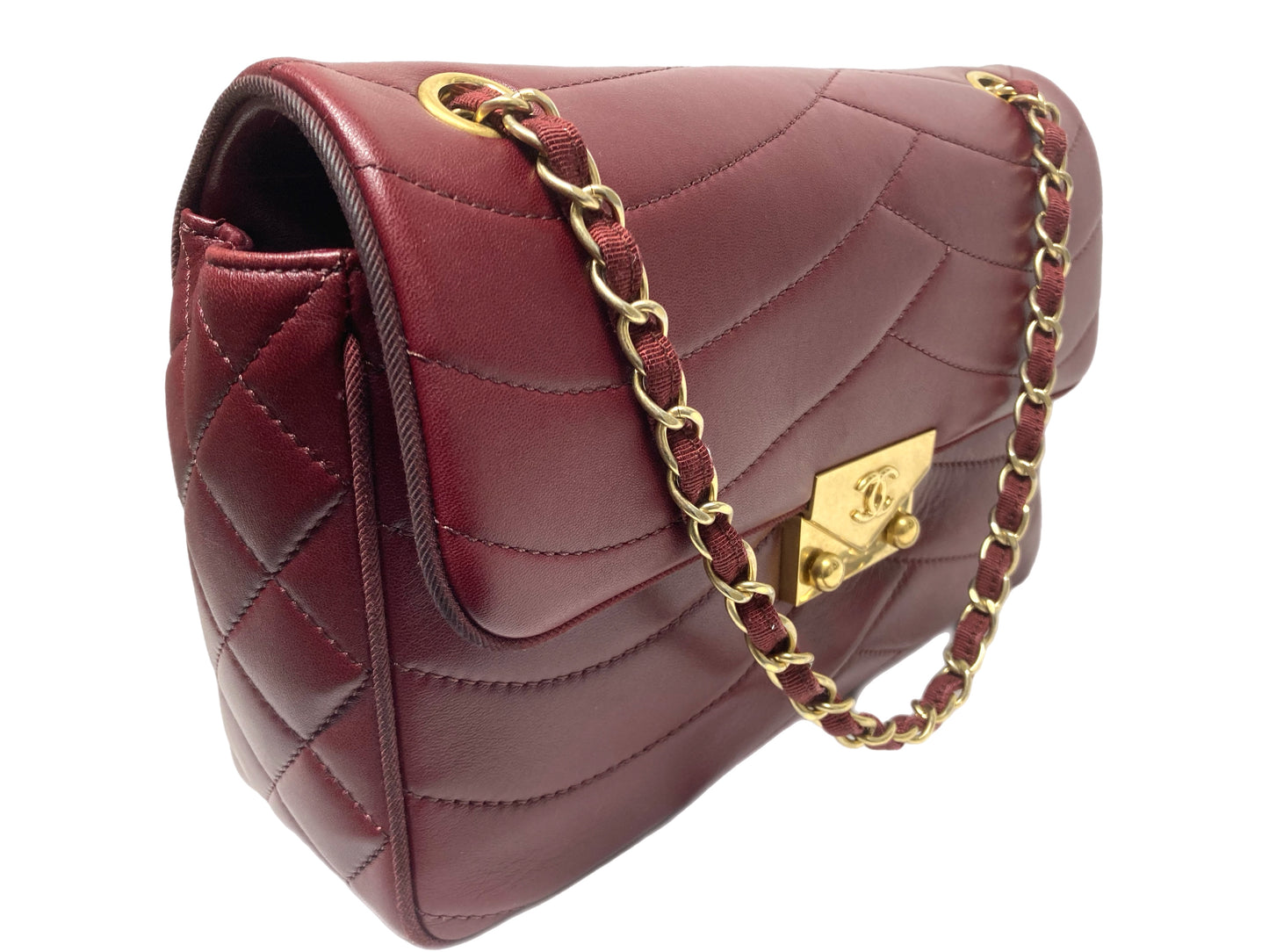 CHANEL Leather Pagoda Single Flap Bag Burgundy