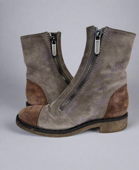 CHANEL Suede Zipper Logo Boots Gray / Brown Size 38.5