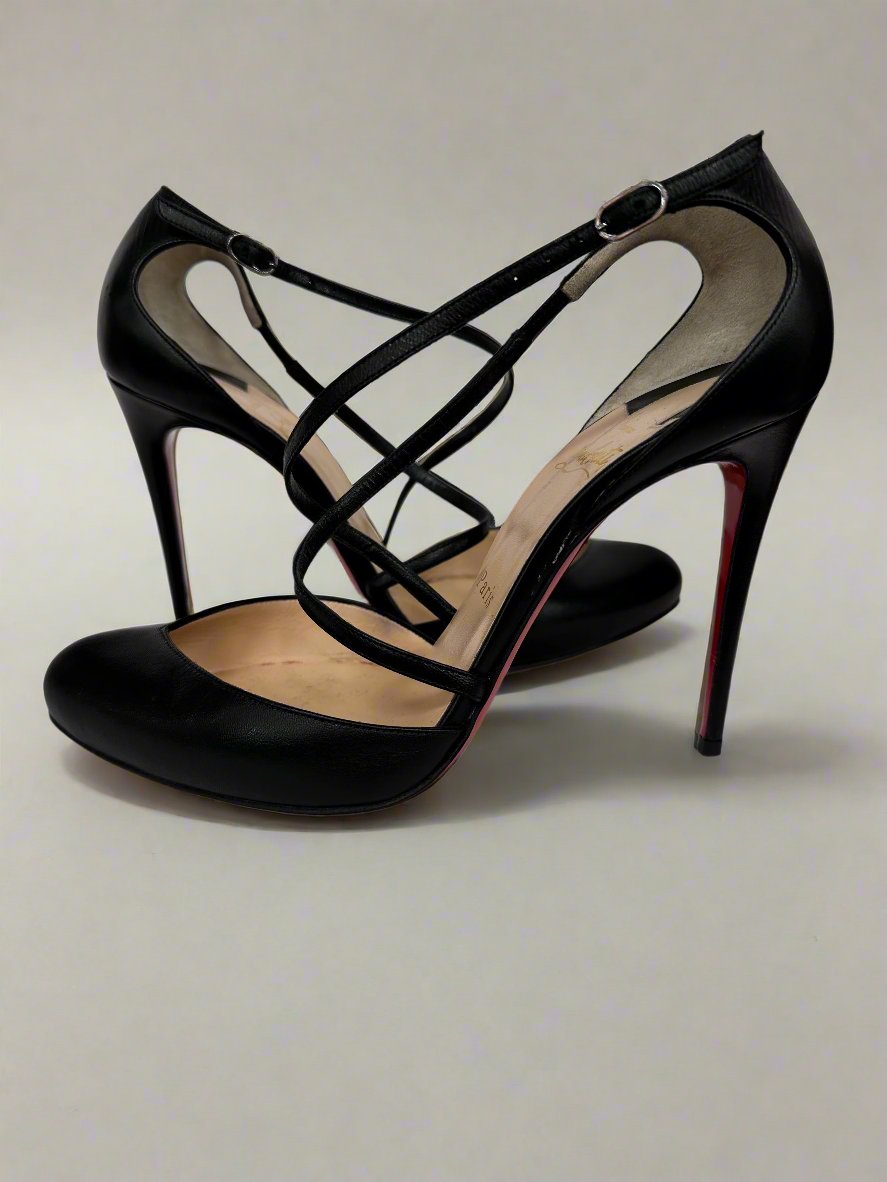 CHRISTIAN LOUBOUTIN Leather Cross Breache Pumps Black Size 38