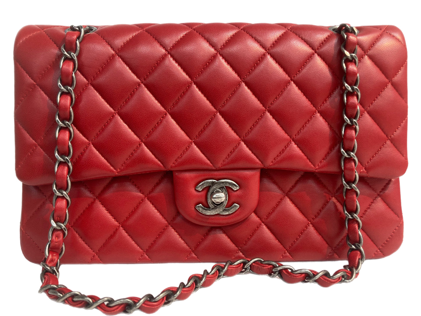CHANEL Lambskin Quilted Medium Double Flap Red 1247581