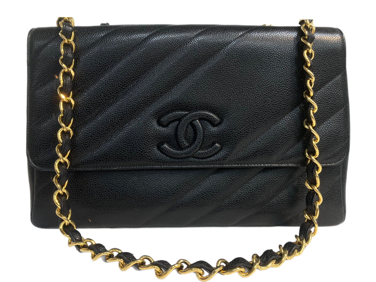 CHANEL Diagonal Caviar Leather Flap Bag Black