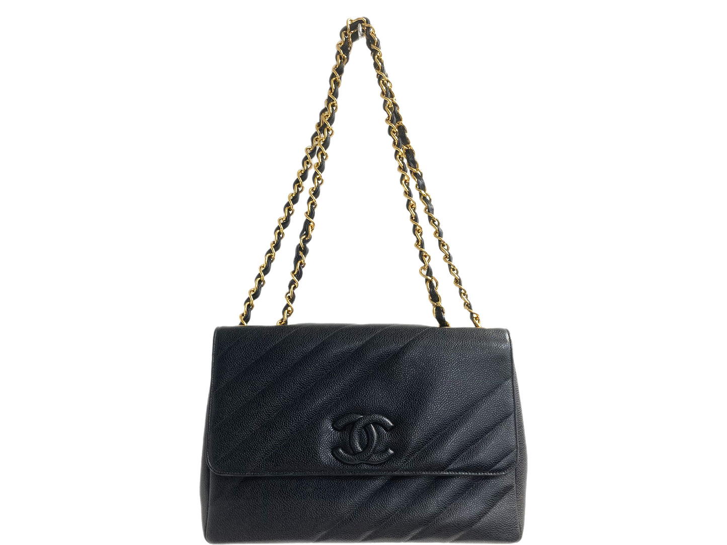 CHANEL Diagonal Caviar Leather Flap Bag Black