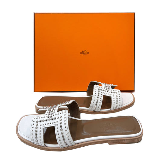 HERMES Leather Studded Tomette Oran Sandals White Size 37