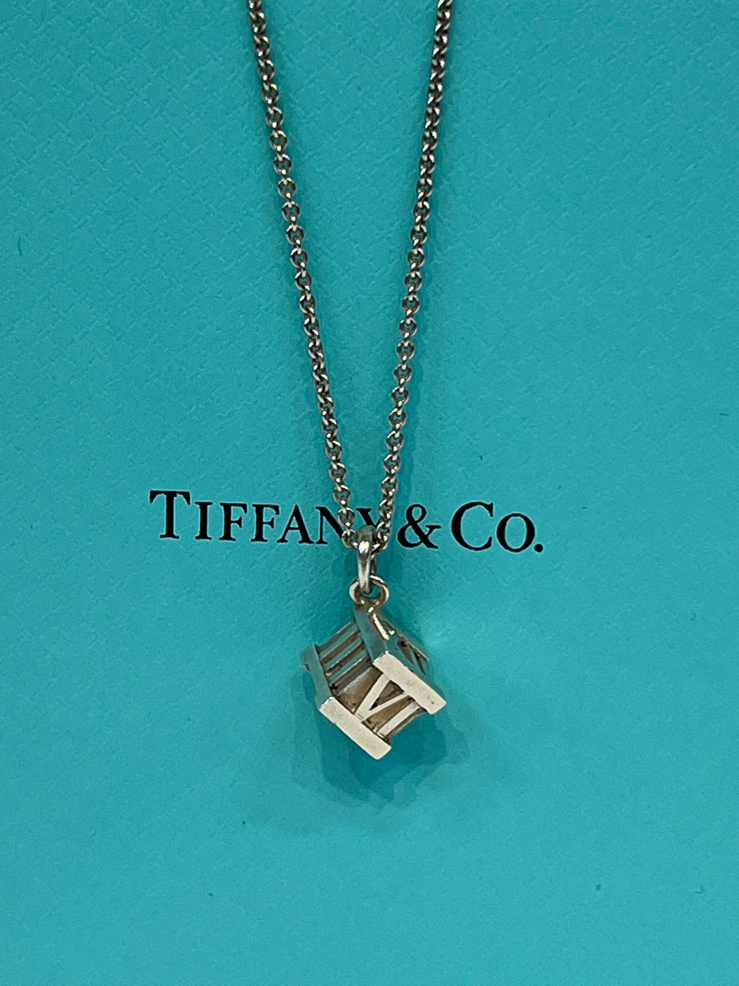 TIFFANY & CO. Sterling Silver "Atlas" Cube Pendant & Necklace