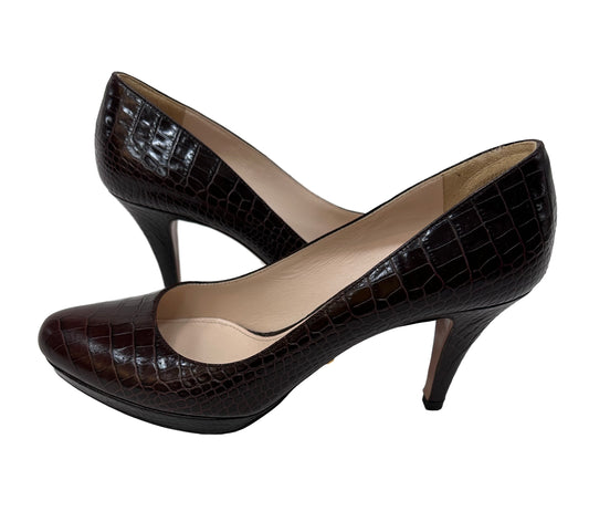 PRADA Croc Embossed Brown Leather Platform Pumps Size 37.5