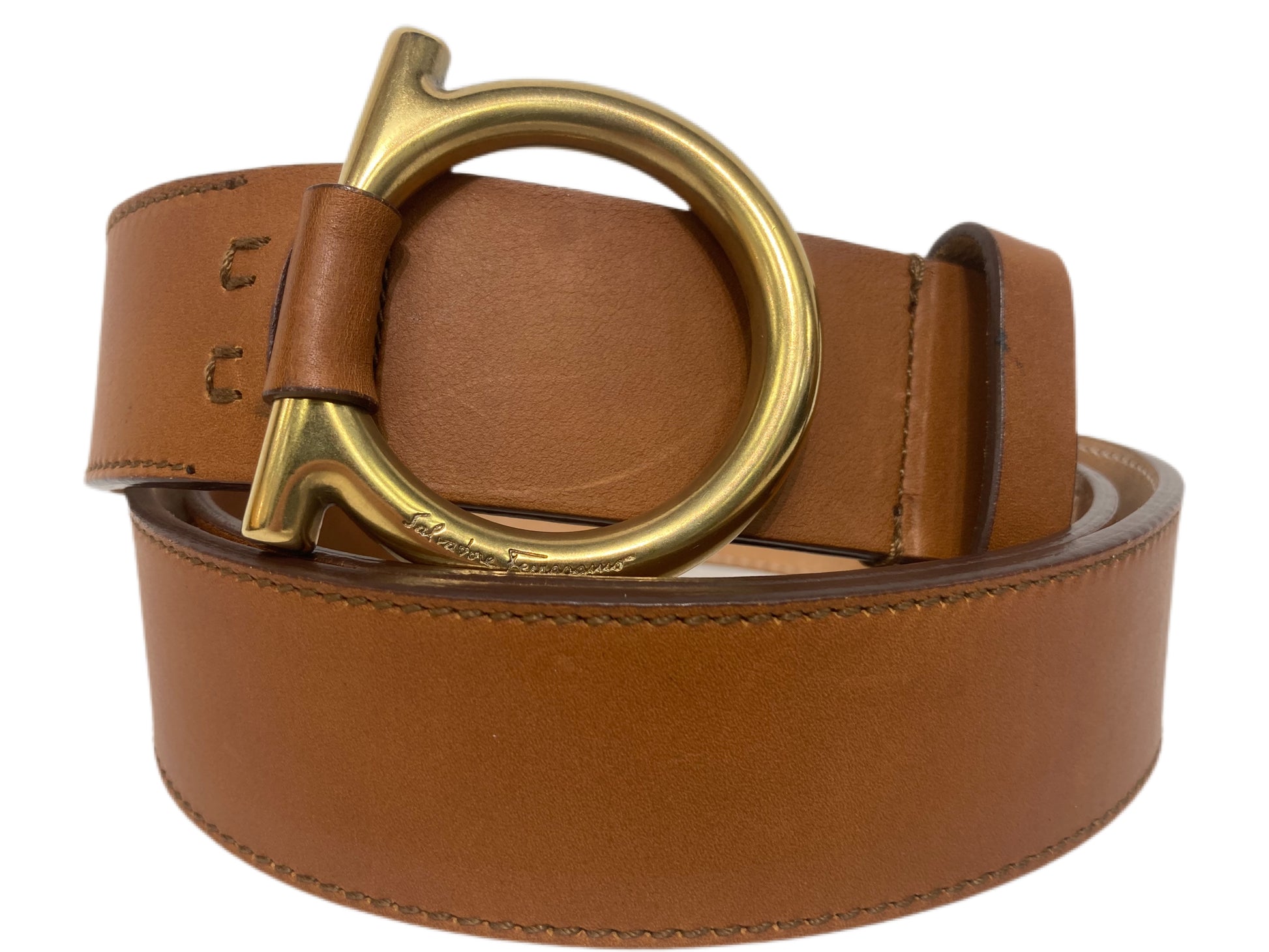 SALVATORE FERRAGAMO Leather Logo Belt Brown Size XL-90