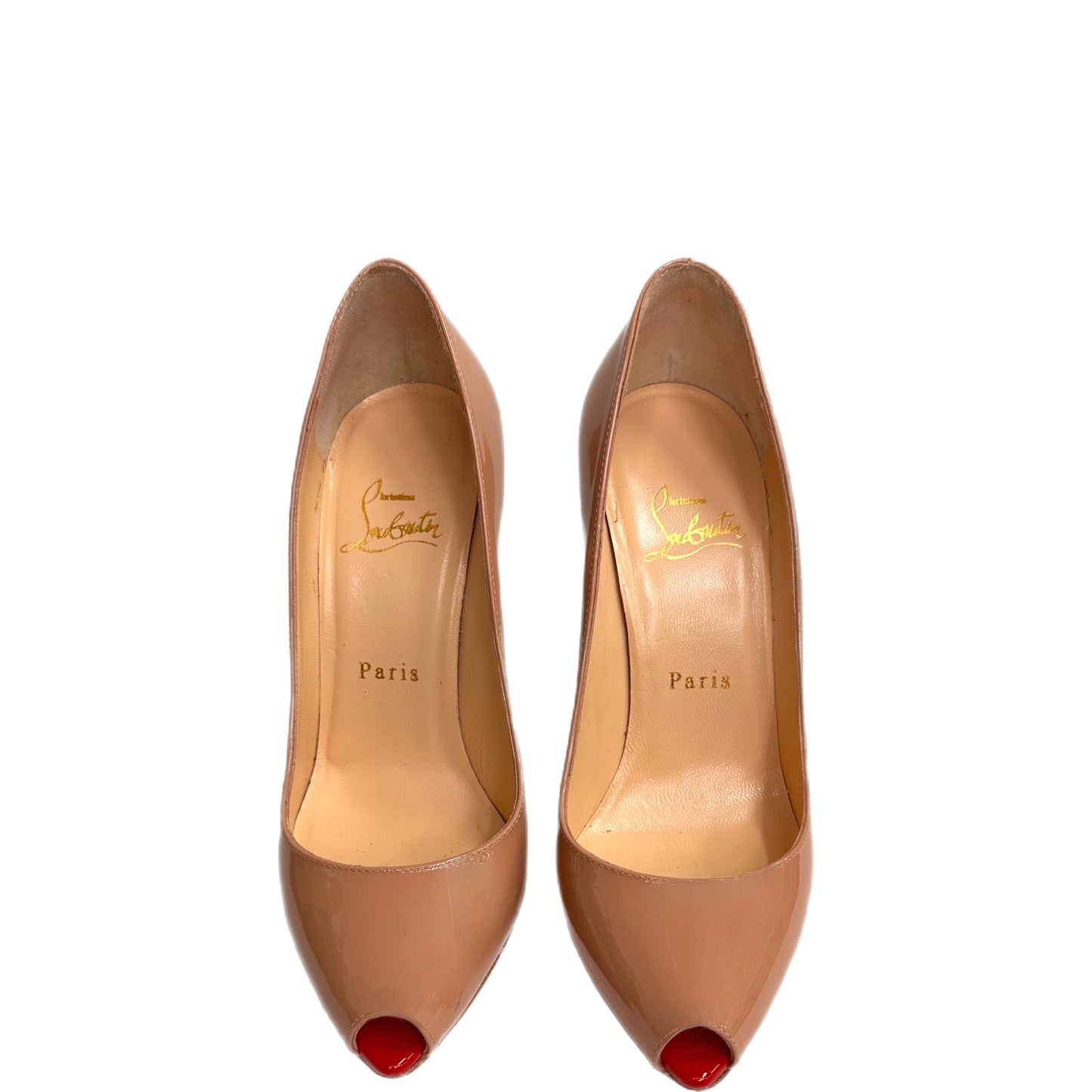 CHRISTIAN LOUBOUTIN Patent Leather Peep Toe Pumps Nude Size 36