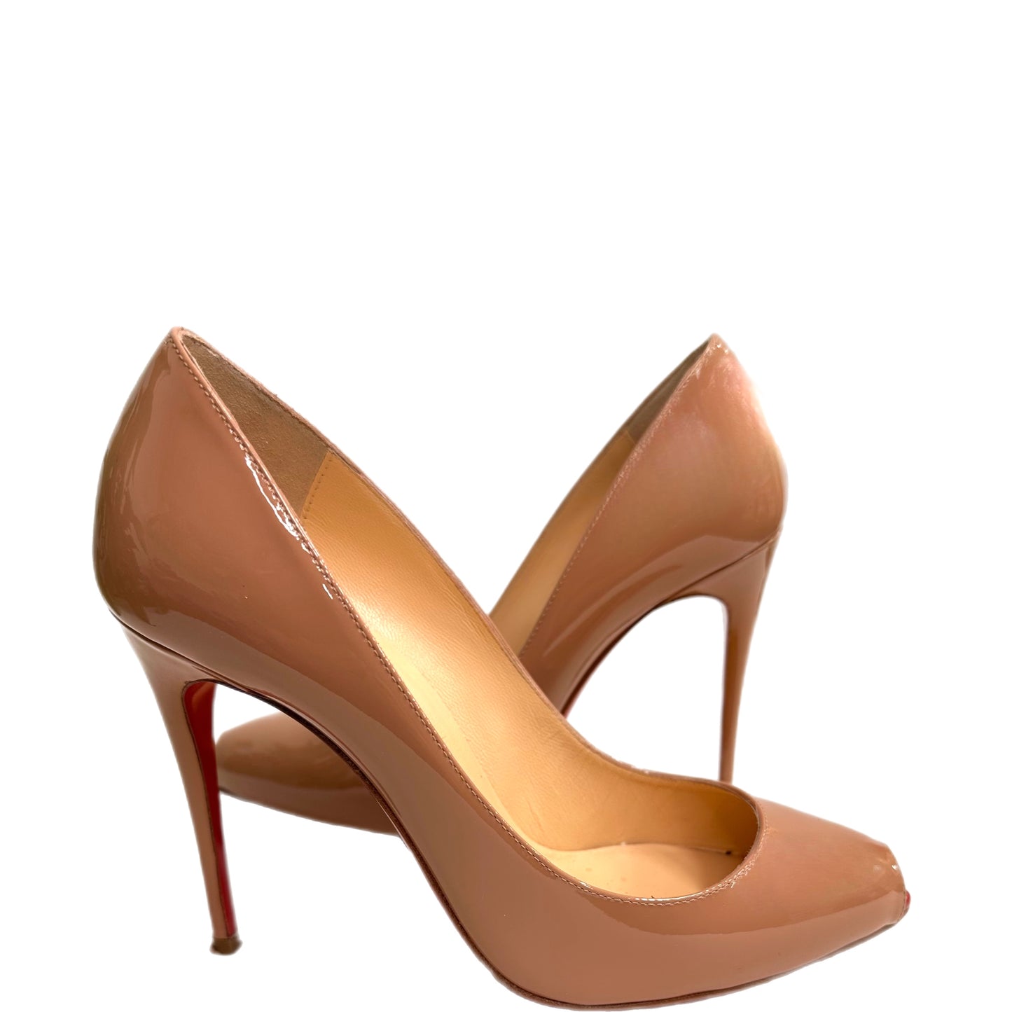 CHRISTIAN LOUBOUTIN Patent Leather Peep Toe Pumps Nude Size 36