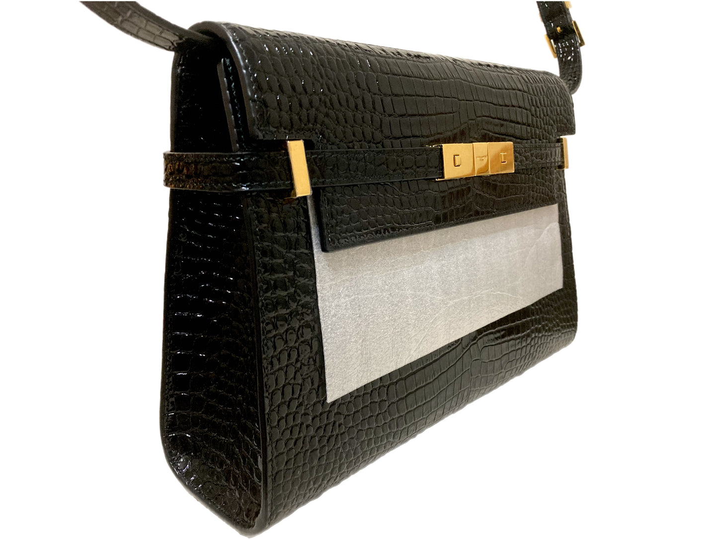 Saint Laurent Manhattan Leather Shoulder Bag - Black Croc/Gold